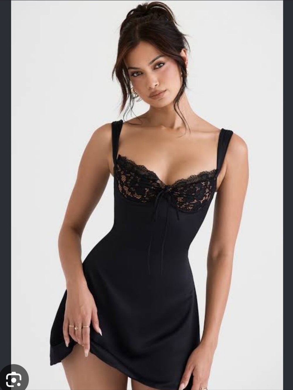 House Of Cb ADRIANA BLACK SATIN AND LACE MINI DRESS